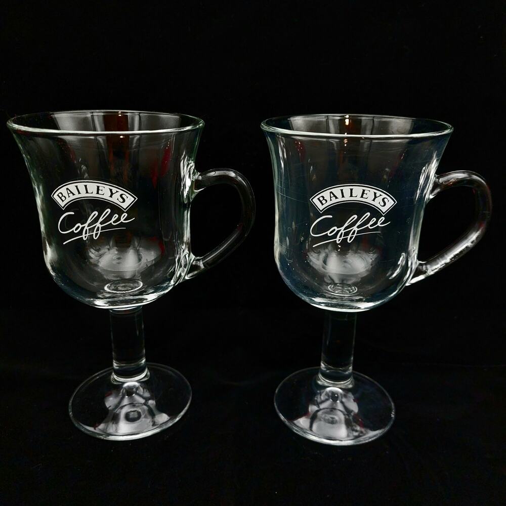 Baileys Coffee Mug Glasses Set of 2 Clear Footed Pedestal Irish Coffee Cups